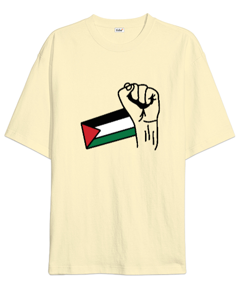 Tisho - Özgür Filistin Filistin Direnişi Gazze Yumruklu Bayrak Tasarımı Krem Oversize Unisex Tişört