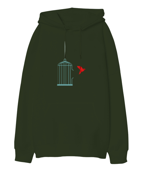 Tisho - Özgürlüğe Uçan Kuş - Kafes - Freedom Haki Yeşili Oversize Unisex Kapüşonlu Sweatshirt