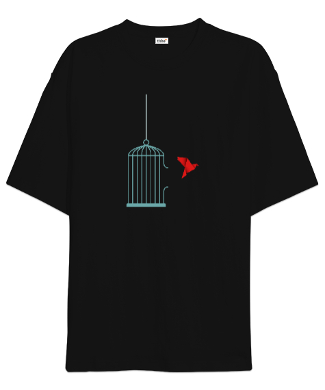 Tisho - Özgürlüğe Uçan Kuş - Kafes - Freedom Siyah Oversize Unisex Tişört