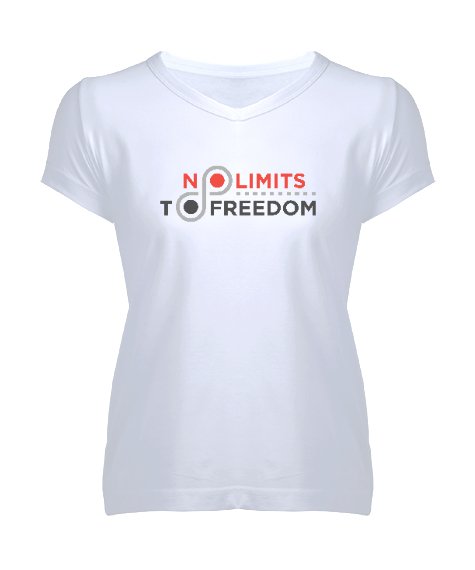 Tisho - Özgürlüğün Sınırı Yok - No Limit Freedom Beyaz Kadın V Yaka Tişört