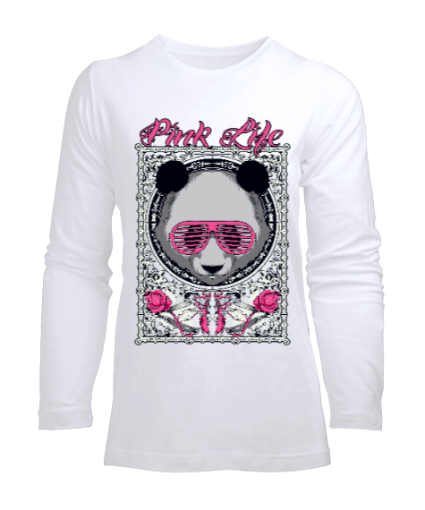 Tisho - P003 - Pink Life Panda Kadın Uzun Kol Tişört