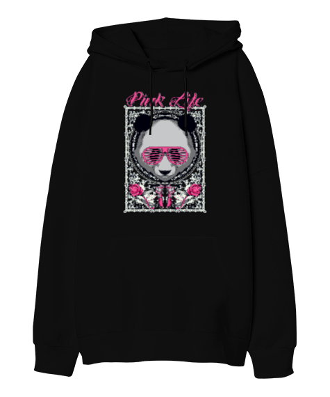 Tisho - P005 - Pink Life Panda Oversize Unisex Kapüşonlu Sweatshirt