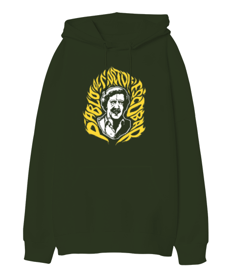 Tisho - Pablo Escobar Tasarım Baskılı Haki Yeşili Oversize Unisex Kapüşonlu Sweatshirt