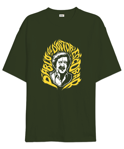 Tisho - Pablo Escobar Tasarım Baskılı Haki Yeşili Oversize Unisex Tişört