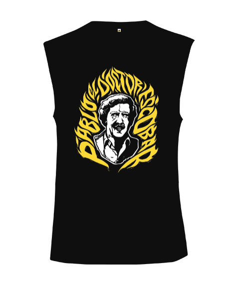 Tisho - Pablo Escobar Tasarım Baskılı Siyah Kesik Kol Unisex Tişört