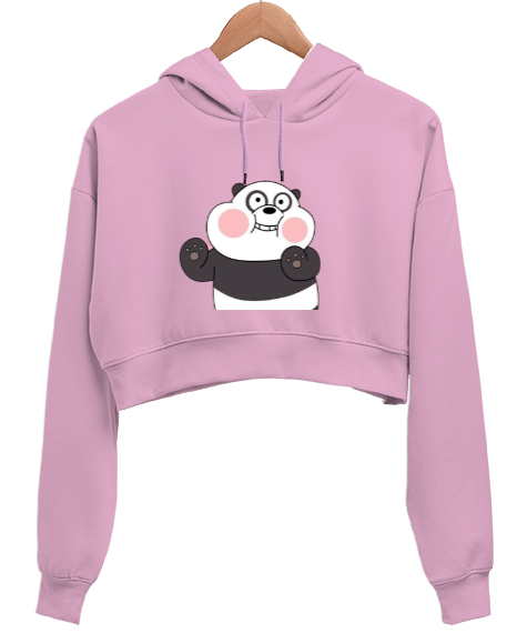 Tisho - Panda ayıcıklı Pembe Kadın Crop Hoodie Kapüşonlu Sweatshirt