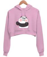 Panda ayıcıklı Pembe Kadın Crop Hoodie Kapüşonlu Sweatshirt - Tisho