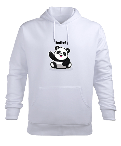 Tisho - Panda Baskılı Beyaz Erkek Kapüşonlu Hoodie Sweatshirt