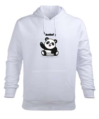 Panda Baskılı Beyaz Erkek Kapüşonlu Hoodie Sweatshirt - Tisho
