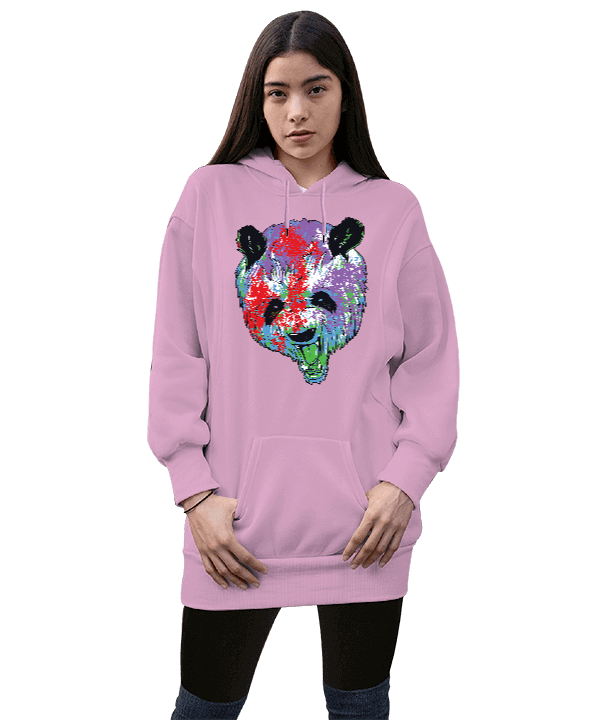 Tisho - panda baskılı Kadın Uzun Hoodie Kapüşonlu Sweatshirt