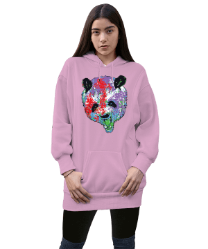 panda baskılı Kadın Uzun Hoodie Kapüşonlu Sweatshirt - Tisho