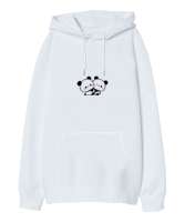 Panda baskısı Beyaz Oversize Unisex Kapüşonlu Sweatshirt - Tisho