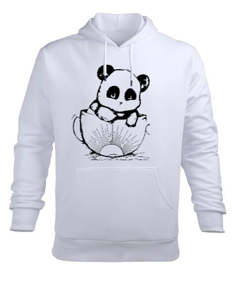 Panda Beyaz Erkek Kapüşonlu Hoodie Sweatshirt - Tisho
