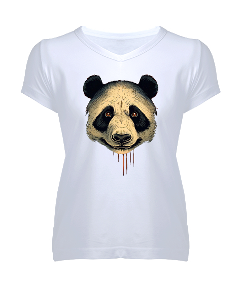 Tisho - panda Beyaz Kadın V Yaka Tişört