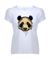 panda Beyaz Kadın V Yaka Tişört - Tisho