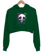 Panda Çimen Yeşili Kadın Crop Hoodie Kapüşonlu Sweatshirt - Tisho