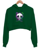 Panda Çimen Yeşili Kadın Crop Hoodie Kapüşonlu Sweatshirt - Tisho