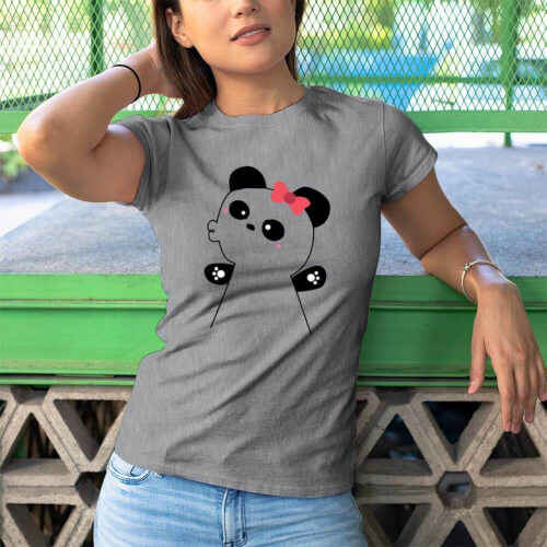 Panda Kadın Kısa Kol Tişört - Tekli Kombin - Thumbnail