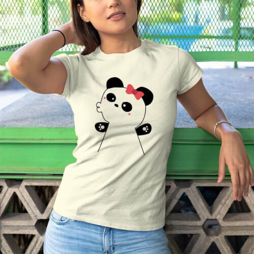 Panda Kadın Kısa Kol Tişört - Tekli Kombin - Thumbnail