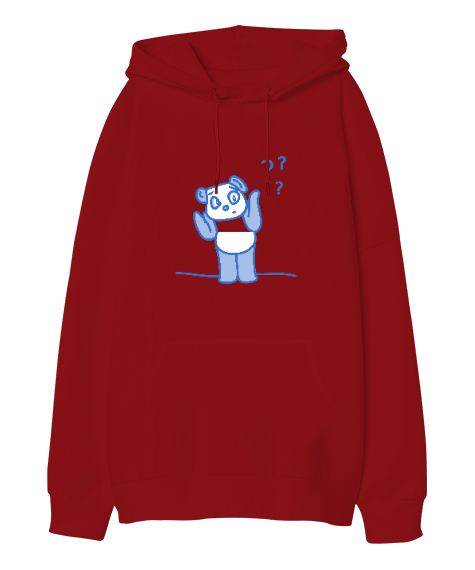 Tisho - Panda Kırmızı Oversize Unisex Kapüşonlu Sweatshirt