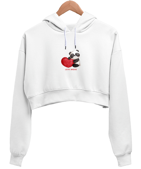 Tisho - Panda Love Beyaz Kadın Crop Hoodie Kapüşonlu Sweatshirt