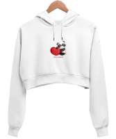 Panda Love Beyaz Kadın Crop Hoodie Kapüşonlu Sweatshirt - Tisho
