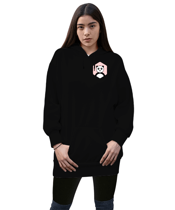 Tisho - panda tasarımlı Kadın Uzun Hoodie Kapüşonlu Sweatshirt