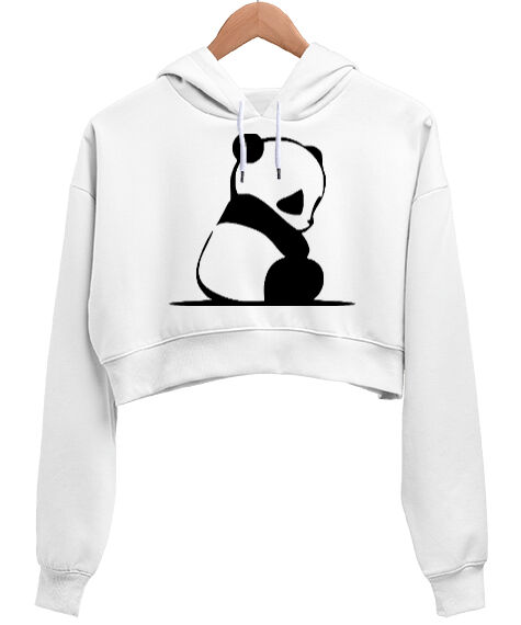 Tisho - Pandacık Beyaz Kadın Crop Hoodie Kapüşonlu Sweatshirt