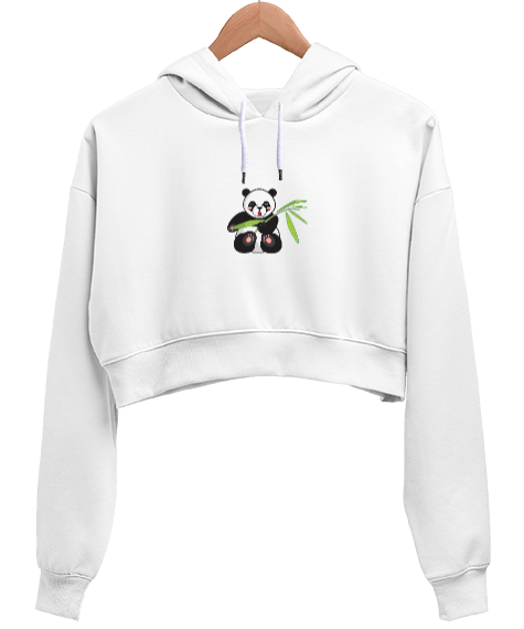 Tisho - Pandalı Beyaz Kadın Crop Hoodie Kapüşonlu Sweatshirt