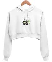 Pandalı Beyaz Kadın Crop Hoodie Kapüşonlu Sweatshirt - Tisho
