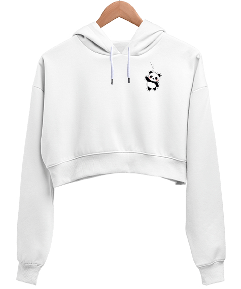 Tisho - Pandalı Beyaz Kadın Crop Hoodie Kapüşonlu Sweatshirt