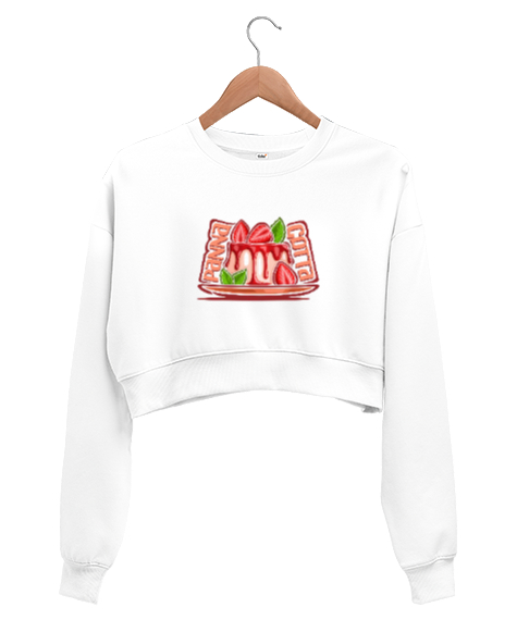 Tisho - Panna cotta baskılı Beyaz Kadın Crop Sweatshirt