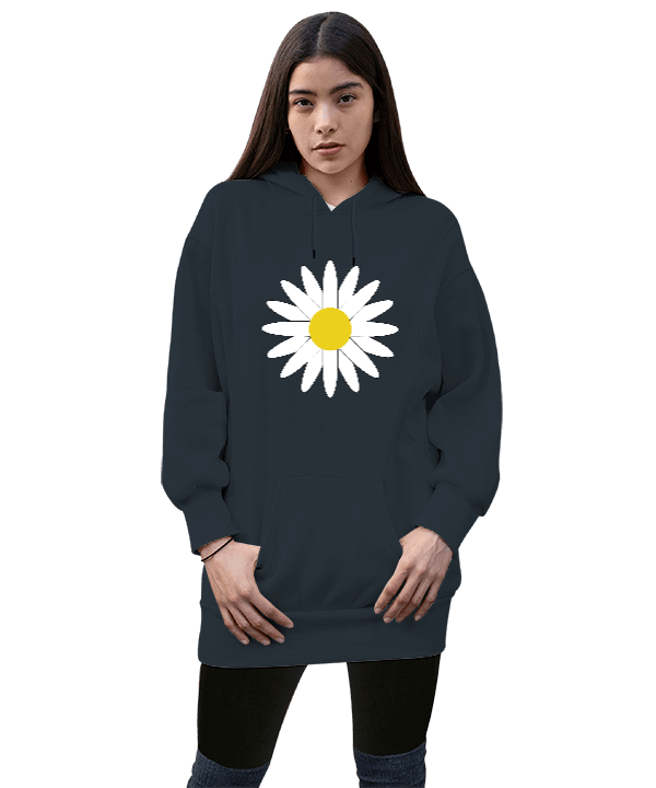 Tisho - Papatya Çiçeği Tasarımı Füme Kadın Uzun Hoodie Kapüşonlu Sweatshirt