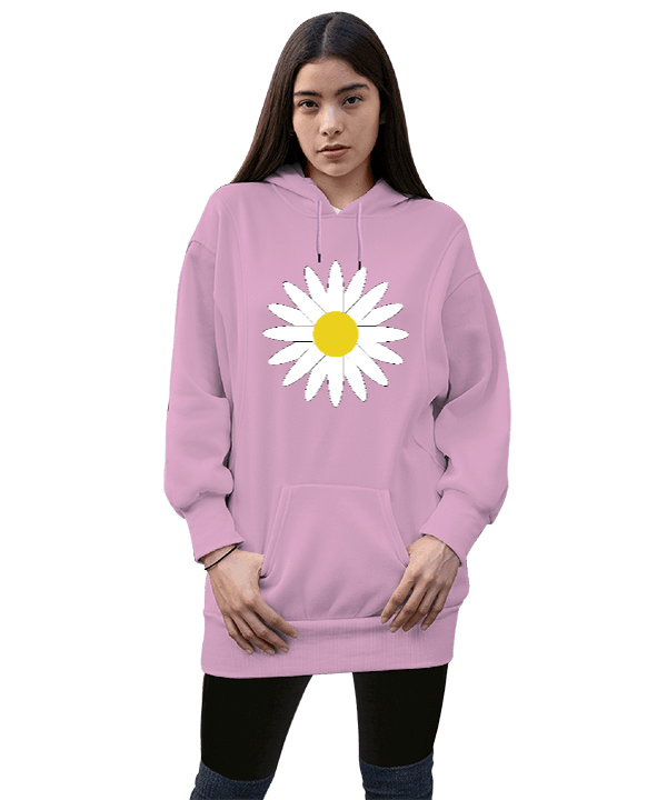 Tisho - Papatya Çiçeği Tasarımı Kadın Uzun Hoodie Kapüşonlu Sweatshirt