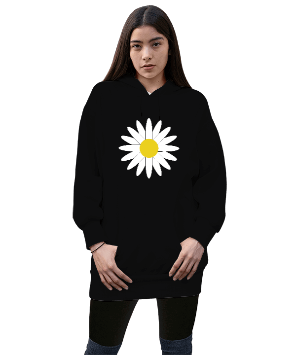 Tisho - Papatya Çiçeği Tasarımı Kadın Uzun Hoodie Kapüşonlu Sweatshirt