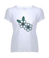 Papatyalar - Çiçek V2 Beyaz Kadın V Yaka Tişört - Tisho