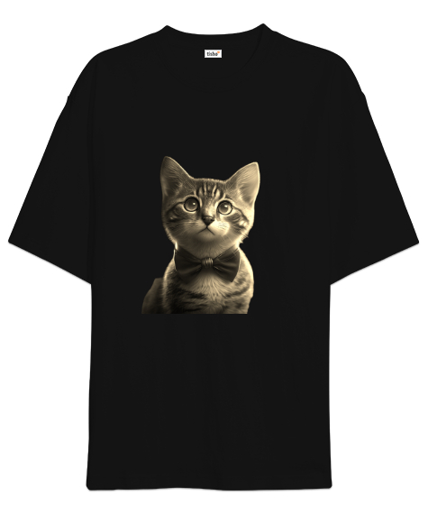 Tisho - Papyonlu Tatlı Kedicik Siyah Oversize Unisex Tişört
