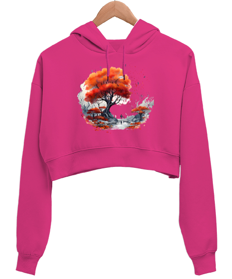 Tisho - Paradise Girl Fuşya Kadın Crop Hoodie Kapüşonlu Sweatshirt