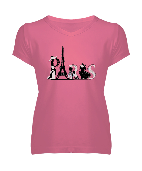 Tisho - Paris Modası Pembe Kadın V Yaka Tişört