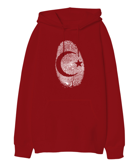 Tisho - Parmak İzi - Ay Yıldız Kırmızı Oversize Unisex Kapüşonlu Sweatshirt