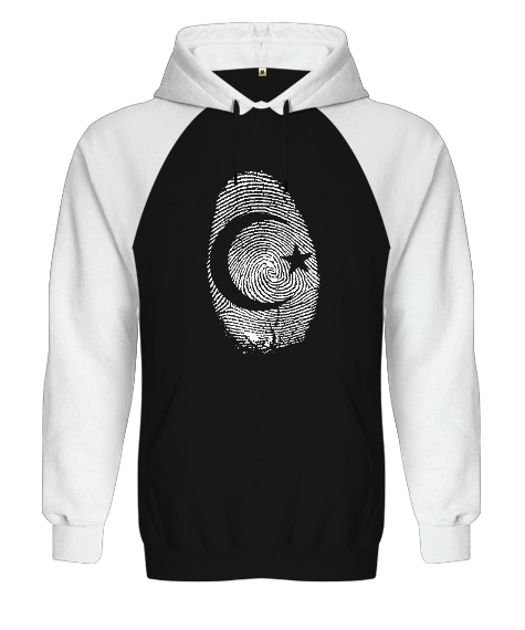 Tisho - Parmak İzi - Ay Yıldız Siyah/Beyaz Orjinal Reglan Hoodie Unisex Sweatshirt