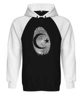 Parmak İzi - Ay Yıldız Siyah/Beyaz Orjinal Reglan Hoodie Unisex Sweatshirt - Tisho