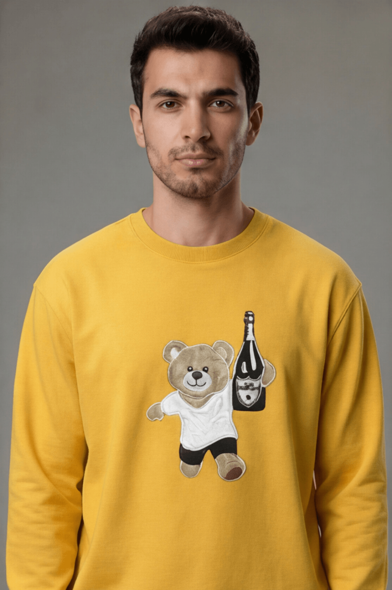 Erkek Sweatshirt Nakışlı Teddy Bear Bisiklet Yaka Sarı %100 Pamuk Sarı