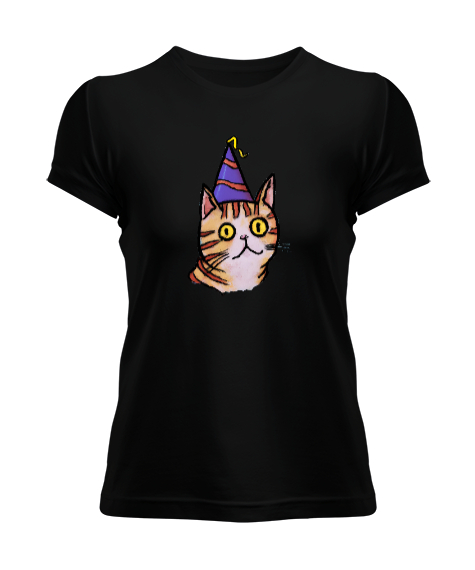 Tisho - parti şapkalı kedi Siyah Kadın Tişört