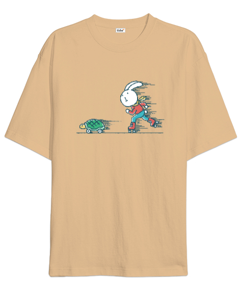 Tisho - Patenli Tavşan ve Kaplumbağa Yarışı Camel Oversize Unisex Tişört