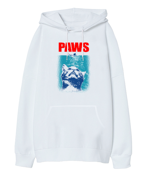 Tisho - Paws - Kedi Beyaz Oversize Unisex Kapüşonlu Sweatshirt