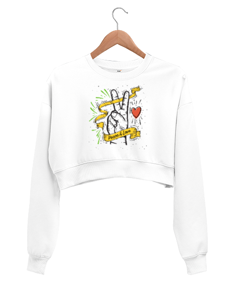 Tisho - Peace And Love - Sevgi ve Barış Beyaz Kadın Crop Sweatshirt