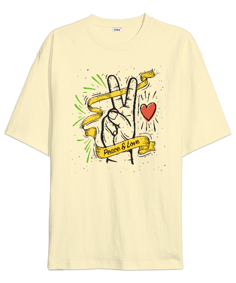 Tisho - Peace And Love - Sevgi ve Barış Krem Oversize Unisex Tişört