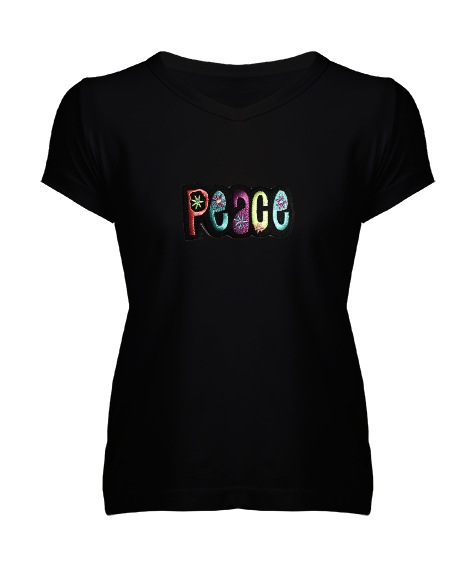 Tisho - Peace Barış Sevgi Aşk Love Siyah Kadın V Yaka Tişört