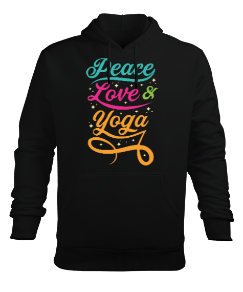 Tisho - Peace Love Yoga Baskılı Siyah Erkek Kapüşonlu Hoodie Sweatshirt